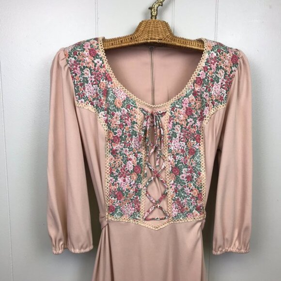 Vintage 70's Pink Prairie Dress Boho Cottagecore Granny Core - Picture 13 of 16